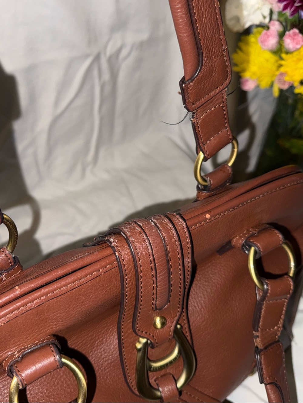 Vintage Etienne Aigner Cognac Pebbled Leather Satchel Brass Hardware